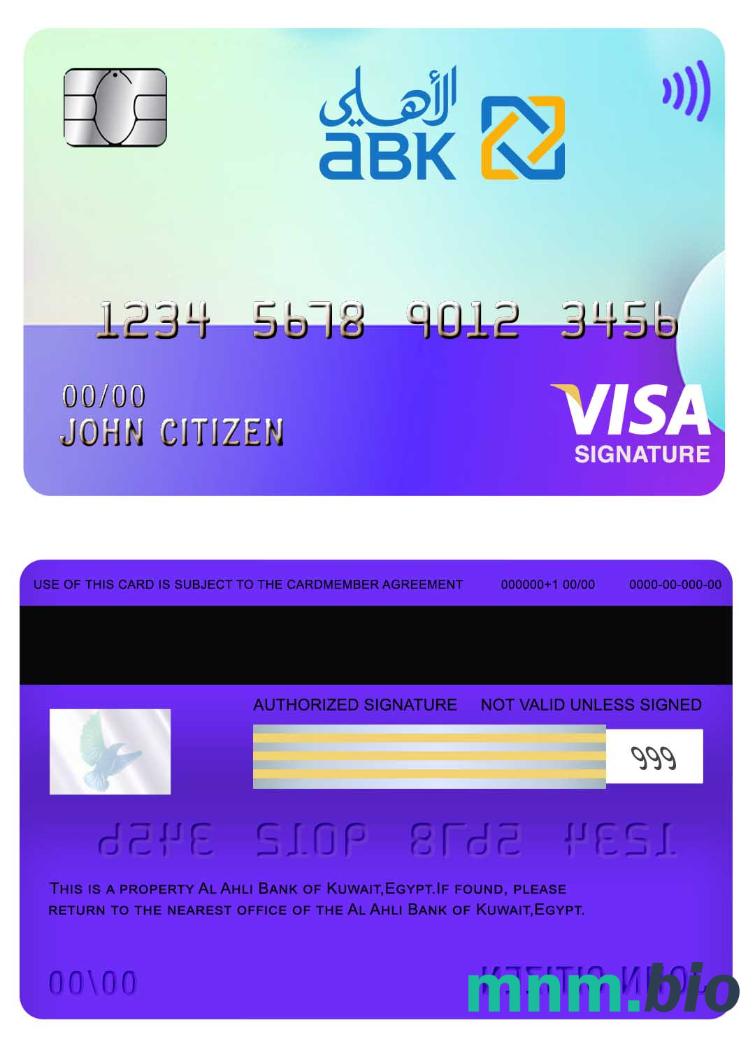 Egypt Al Ahli bank of Kuwait visa podpis karta przykład w formacie PSD